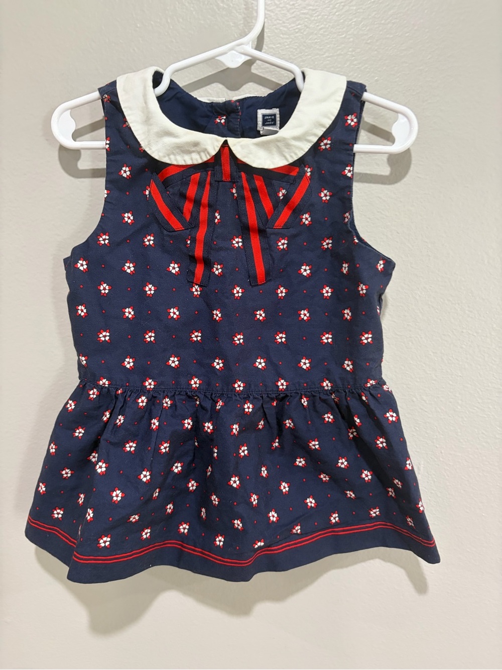 Navy Floral Peter Pan Collar Girls' Top with Red Ribbon